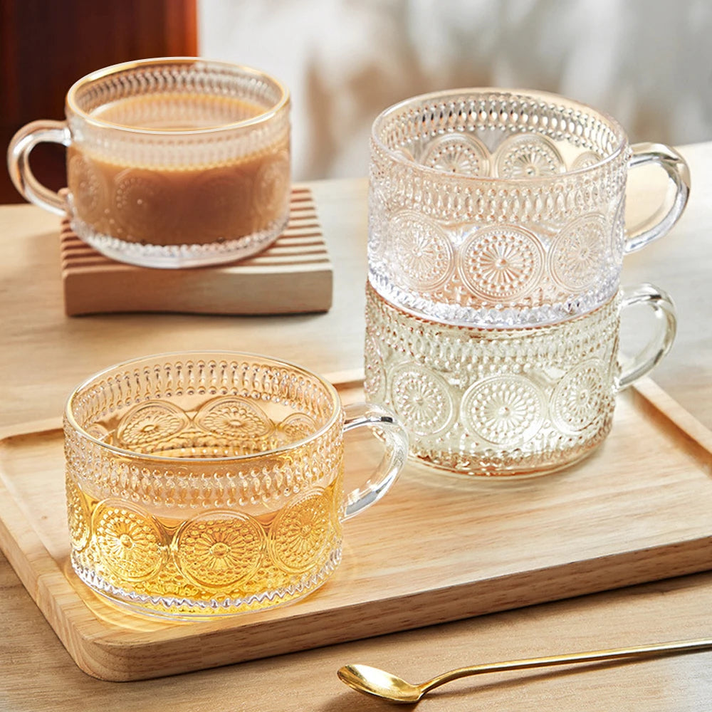 RetroCharm Embossed Glass Coffee Mugs