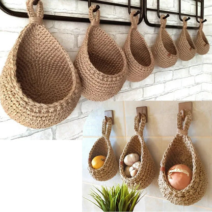 XS-XXL Wall-mounted Sundries Storage Bag Hanging Wall Vegetable Fruit Baskets Organize Bag Jute Eco Teardrop Kitchen Organizer